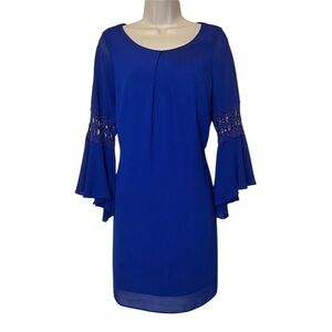 By and By cobalt blue dress, bell sleeves and crochet detailing, Size Medium
